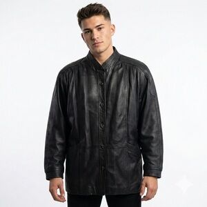 American Born Mens Lamb Leather Jacket Black Band Collar Large